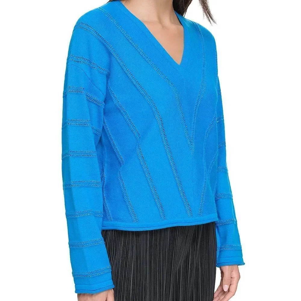DKNY V Neck Electric Blue Pointelle Knit Women’s Sweater Size Large